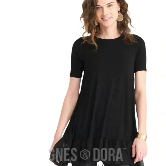 Agnes & Dora Black Tunic Blouse Chiffon Ruffle Half Sleeve Soft Airy Size Medium - Picture 4 of 5